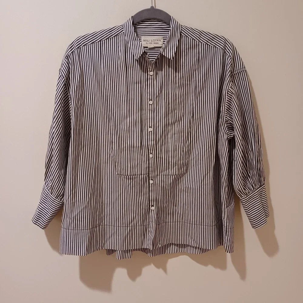 Nili Lotan 3/4 Sleeve Navy Blue Stripe Button Down Relaxed Boxy Fit Shirt XS - Picture 2 of 9